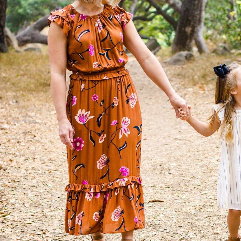 Universal Thread Floral Print Flutter Short Sleeve Midi Brown Rust Dress XS